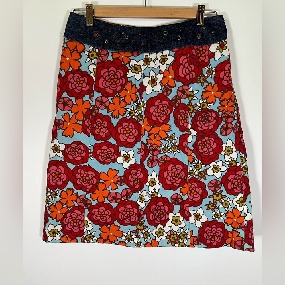NWT Vintage Y2K NOTICE 60s pop floral art a-line skirt sz 6 denim waist colorful